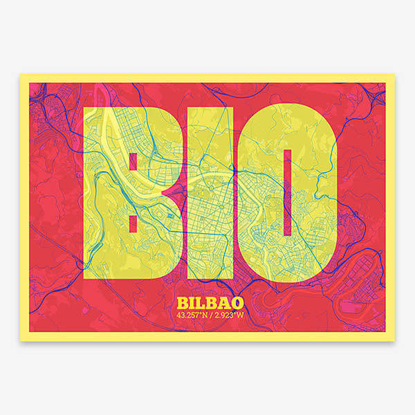 Decorative print of  composed with letters in a heavy geometric font printed on yellow and fuchsia