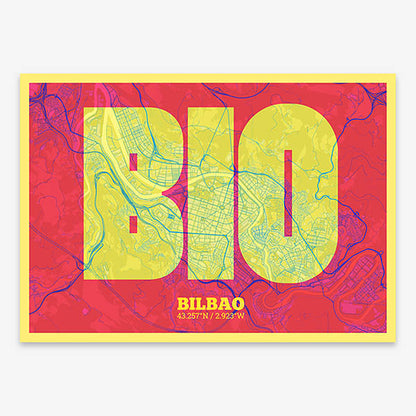 Decorative print of  composed with letters in a heavy geometric font printed on yellow and fuchsia