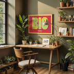 Modern interior design with a Bilbao in Super Bold design, a typographic poster where the city map is overlaid with extra-thick lettering for a modern, high-impact look designed in yellow and fuchsia, displayed on a living room wall