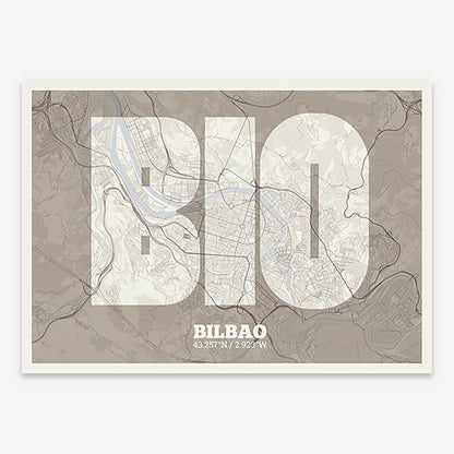 Decorative print of  composed with letters in a heavy geometric font printed on light brown and an off-white background