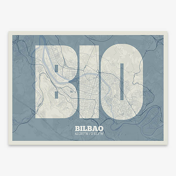 Decorative print of  composed with letters in a heavy geometric font printed on bluish gray and an off-white background