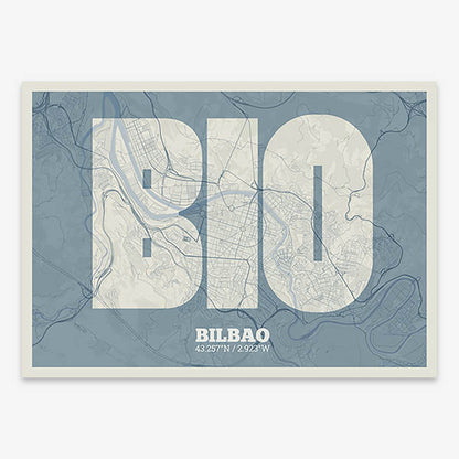 Decorative print of  composed with letters in a heavy geometric font printed on bluish gray and an off-white background