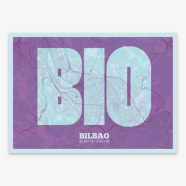 Decorative print of  composed with letters in a heavy geometric font printed on purple and light blue