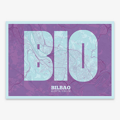 Decorative print of  composed with letters in a heavy geometric font printed on purple and light blue