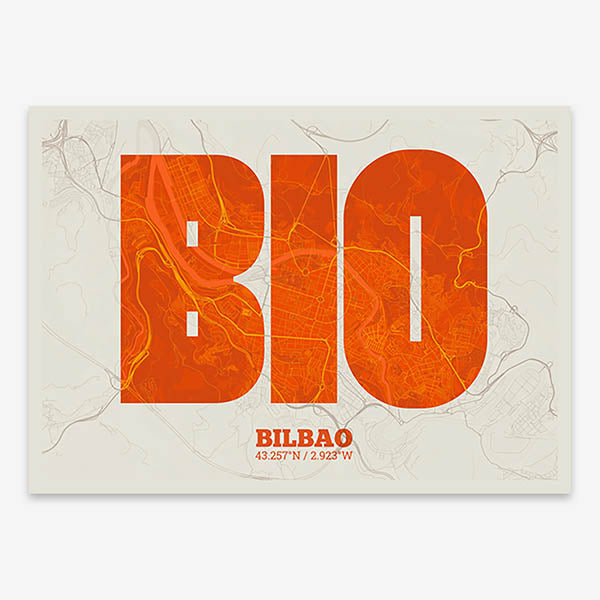 Decorative print of  composed with letters in a heavy geometric font printed on orange and an off-white background