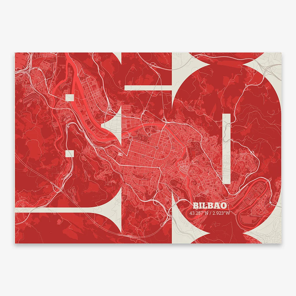 Poster of  composed with letters from its abbreviation or its airport IATA code printed on red and an off-white background