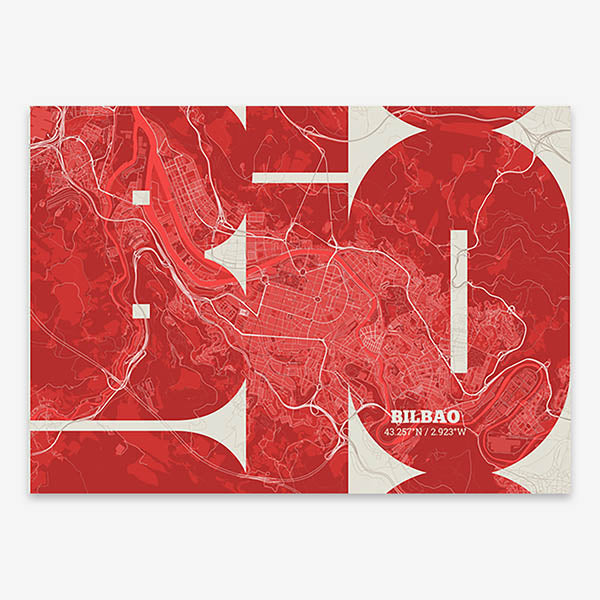 Poster of  composed with letters from its abbreviation or its airport IATA code printed on red and an off-white background