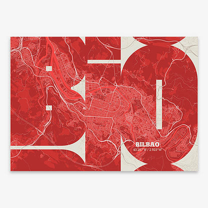 Poster of  composed with letters from its abbreviation or its airport IATA code printed on red and an off-white background