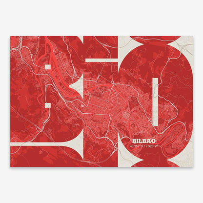 The map of Bilbao composed with letters from its name or IATA code printed on red and an off-white background