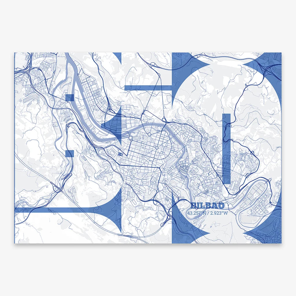 Poster of  composed with letters from its abbreviation or its airport IATA code printed on navy blue and white