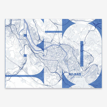 The map of Bilbao composed with letters from its name or IATA code printed on navy blue and white