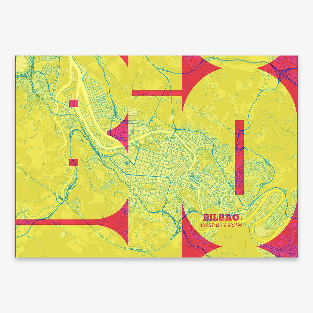 Poster of  composed with letters from its abbreviation or its airport IATA code printed on yellow and fuchsia