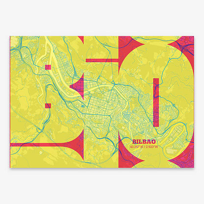 Poster of  composed with letters from its abbreviation or its airport IATA code printed on yellow and fuchsia