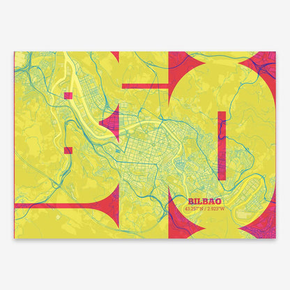 The map of Bilbao composed with letters from its name or IATA code printed on yellow and fuchsia