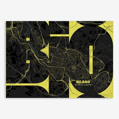 The map of Bilbao composed with letters from its name or IATA code printed on black and yellow
