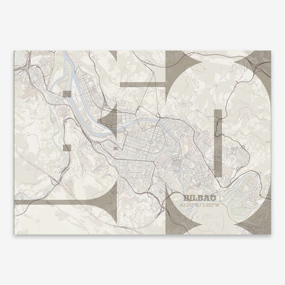 The map of Bilbao composed with letters from its name or IATA code printed on light brown and an off-white background