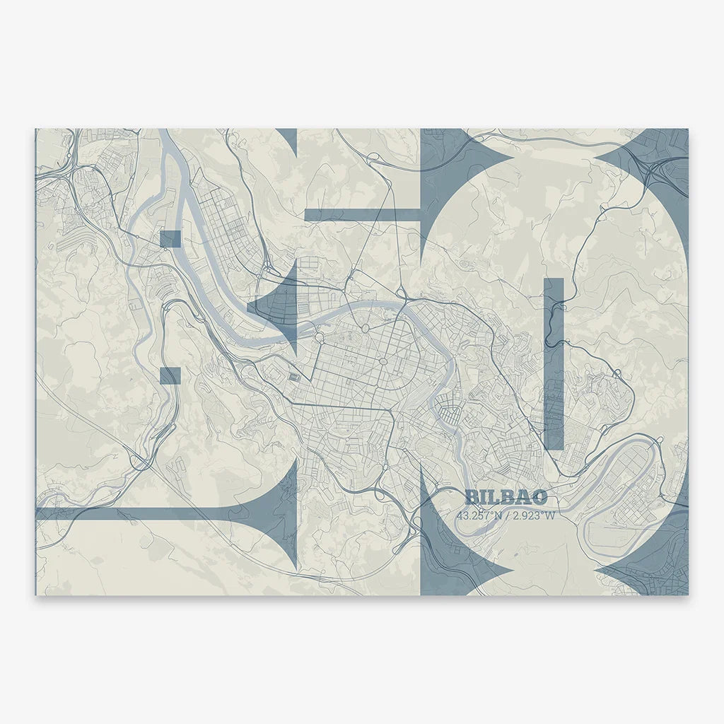 Poster of  composed with letters from its abbreviation or its airport IATA code printed on bluish gray and an off-white background