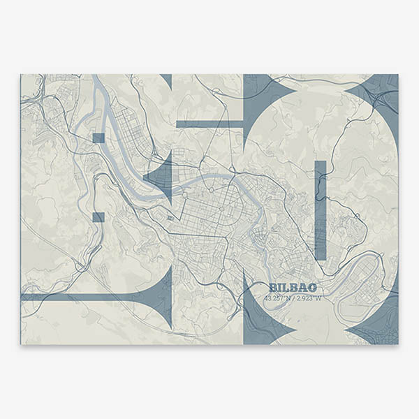 Poster of  composed with letters from its abbreviation or its airport IATA code printed on bluish gray and an off-white background