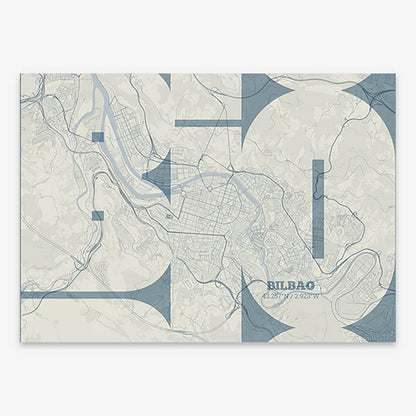 Poster of  composed with letters from its abbreviation or its airport IATA code printed on bluish gray and an off-white background