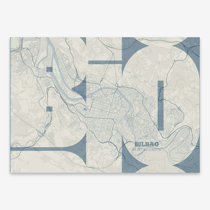 The map of Bilbao composed with letters from its name or IATA code printed on bluish gray and an off-white background