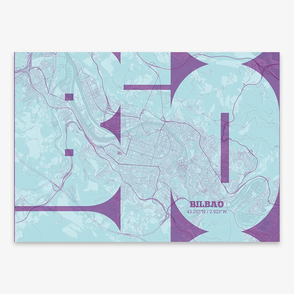 Poster of  composed with letters from its abbreviation or its airport IATA code printed on purple and light blue