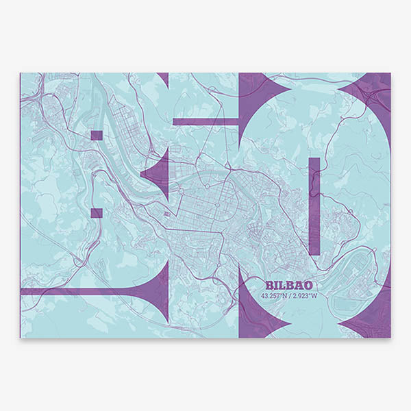 Poster of  composed with letters from its abbreviation or its airport IATA code printed on purple and light blue