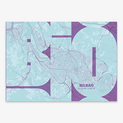 Poster of  composed with letters from its abbreviation or its airport IATA code printed on purple and light blue