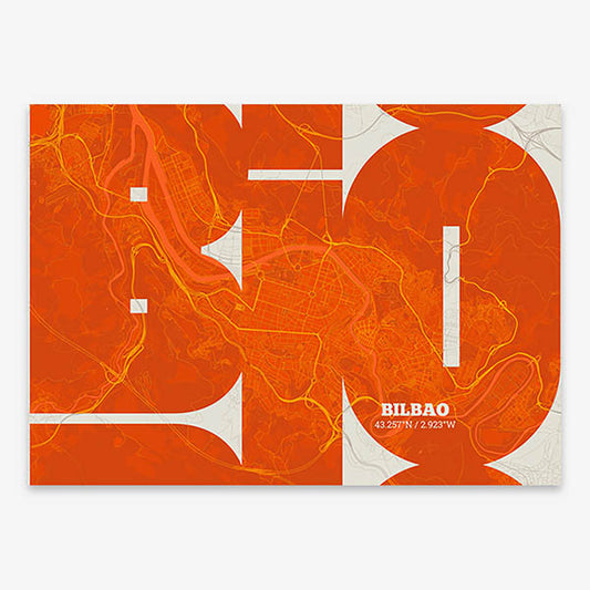 Poster of  composed with letters from its abbreviation or its airport IATA code printed on orange and an off-white background