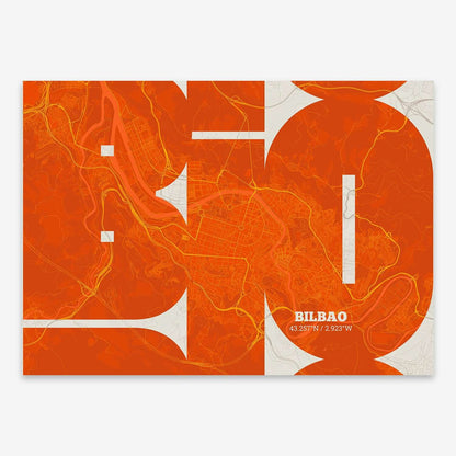 The map of Bilbao composed with letters from its name or IATA code printed on orange and an off-white background