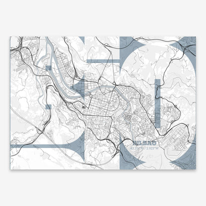 The map of Bilbao composed with letters from its name or IATA code printed on black and white