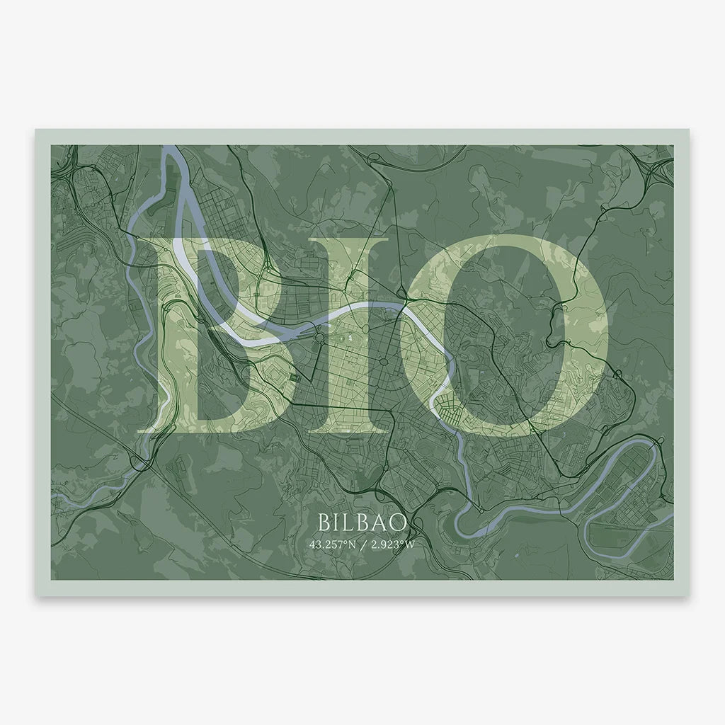 Decorative map of  composed with letters in serif font printed on two green tones