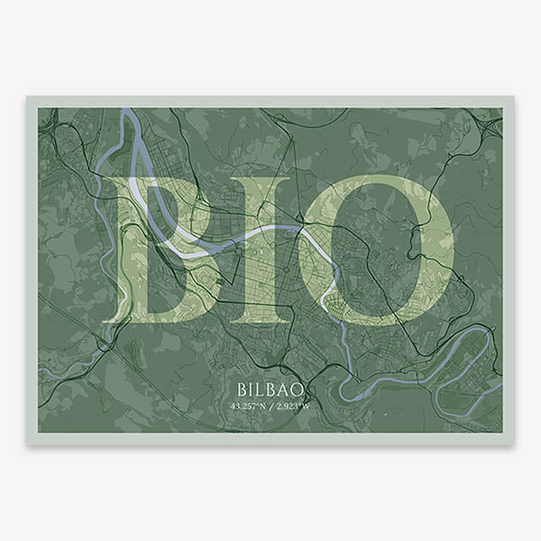 Decorative map of  composed with letters in serif font printed on two green tones