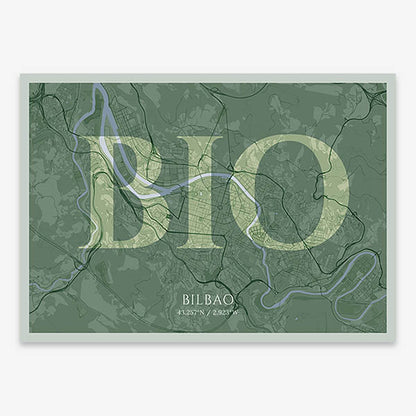 Decorative map of  composed with letters in serif font printed on two green tones