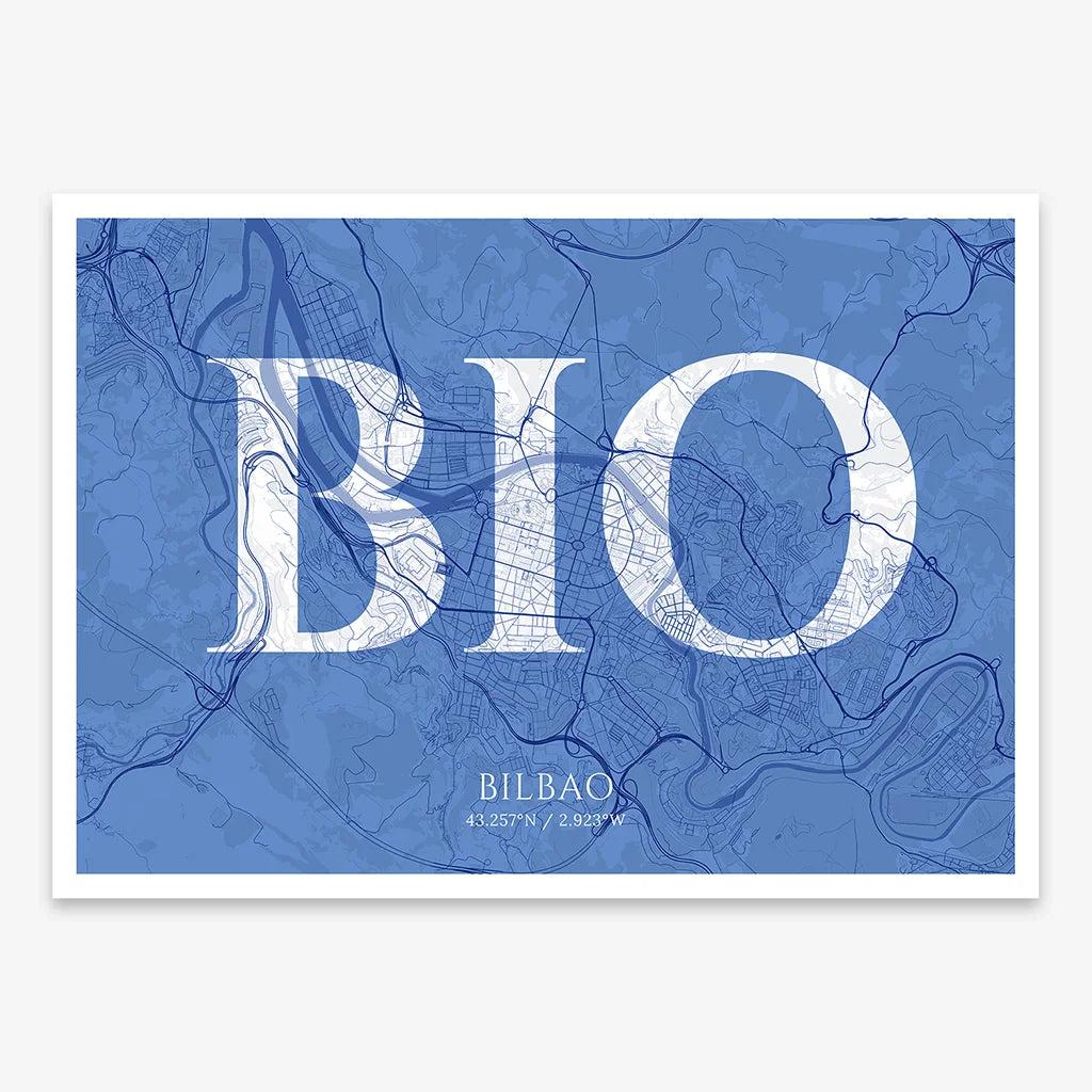 Decorative map of  composed with letters in serif font printed on navy blue and white