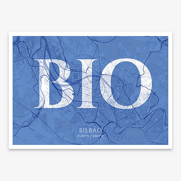 Decorative map of  composed with letters in serif font printed on navy blue and white