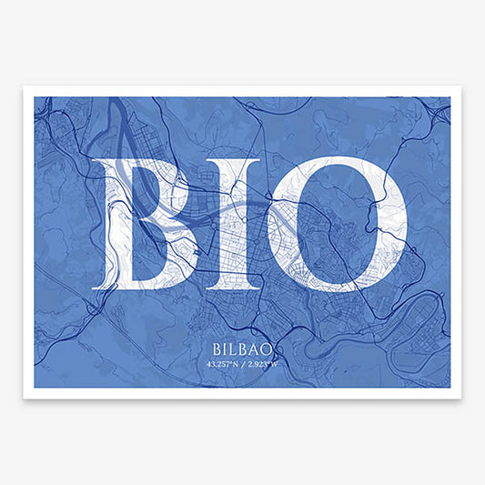 Decorative map of  composed with letters in serif font printed on navy blue and white