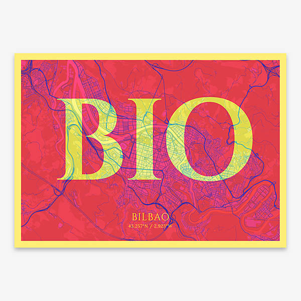 Decorative map of  composed with letters in serif font printed on yellow and fuchsia