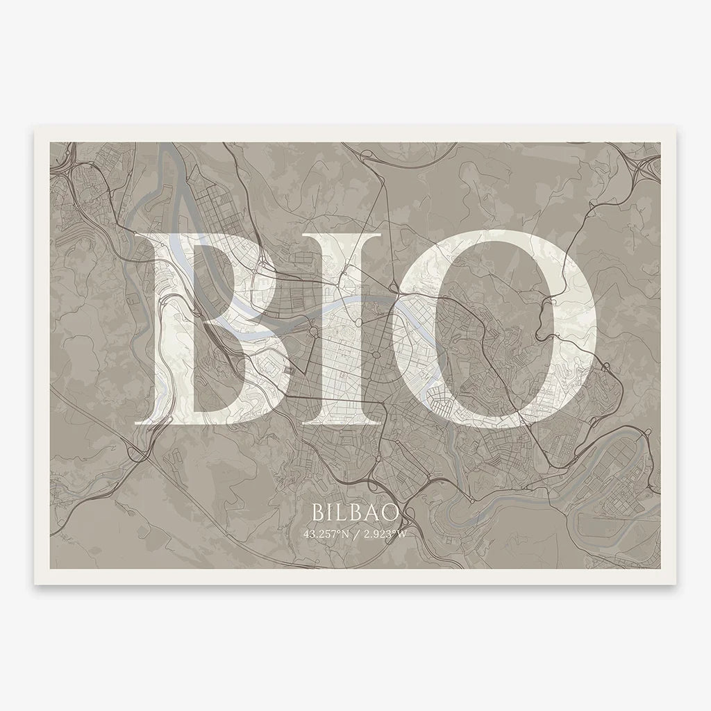 Decorative map of  composed with letters in serif font printed on light brown and an off-white background