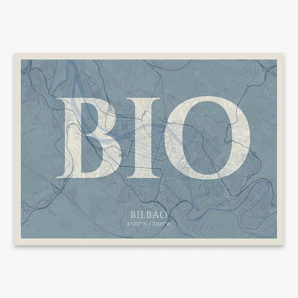 Decorative map of  composed with letters in serif font printed on bluish gray and an off-white background
