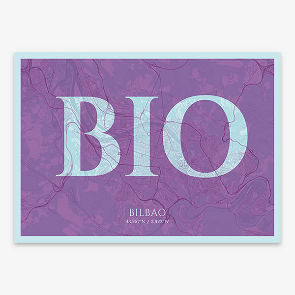 Decorative map of  composed with letters in serif font printed on purple and light blue