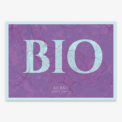 Decorative map of  composed with letters in serif font printed on purple and light blue