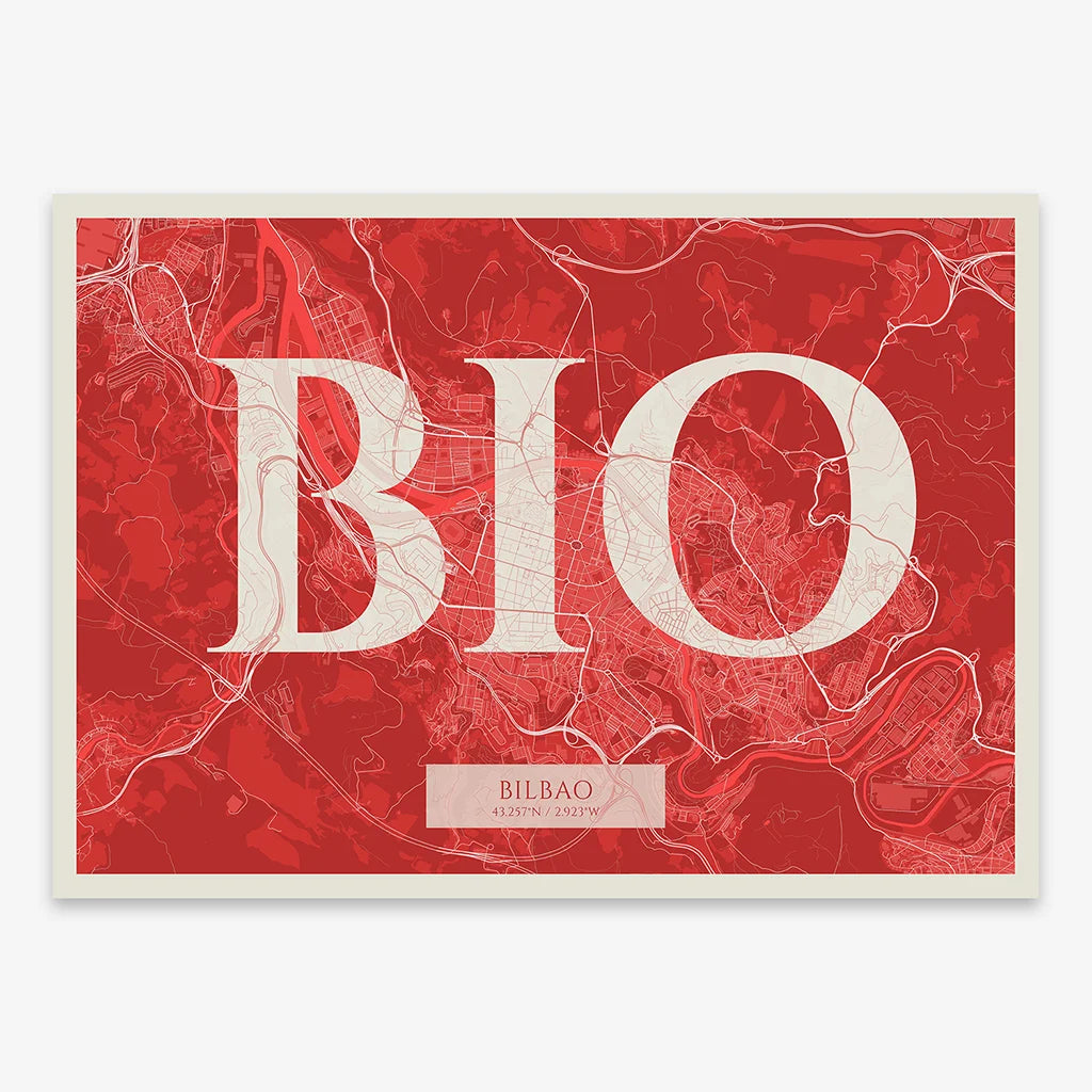 Decorative map of  composed with letters in serif font printed on red and an off-white background