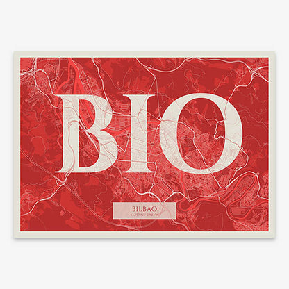 Decorative map of  composed with letters in serif font printed on red and an off-white background