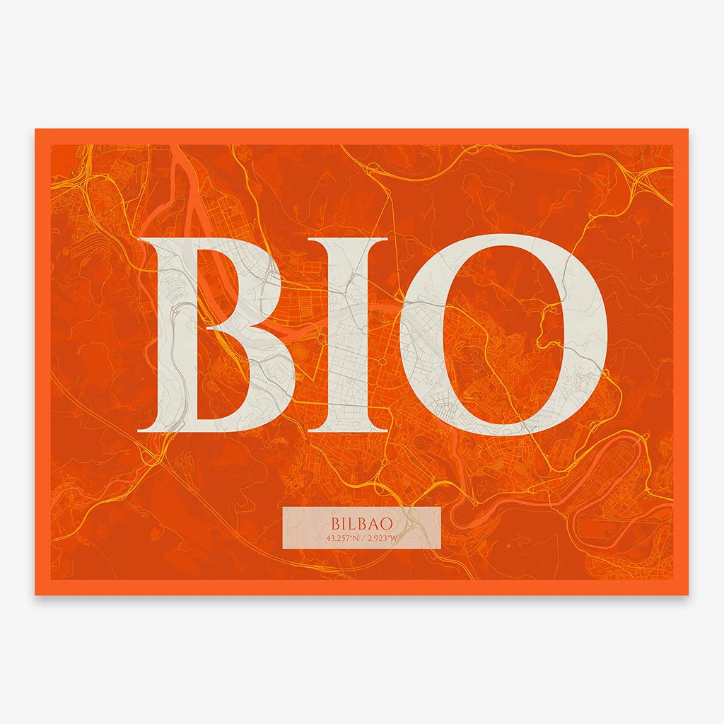 Decorative map of  composed with letters in serif font printed on orange and an off-white background