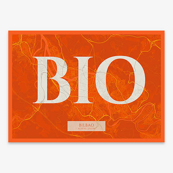 Decorative map of  composed with letters in serif font printed on orange and an off-white background
