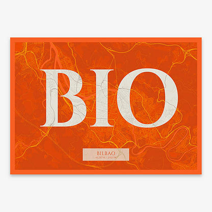 Decorative map of  composed with letters in serif font printed on orange and an off-white background