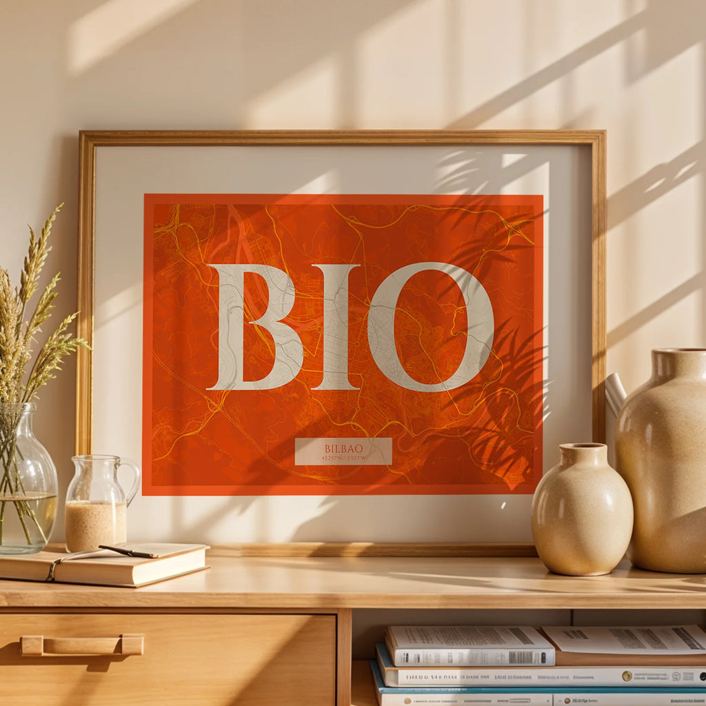 Modern interior design with a Bilbao in Classic design, inspired by chiseled typography with an elegant font that creates a beautiful visual contrast designed in orange and an off-white background, displayed on a living room wall
