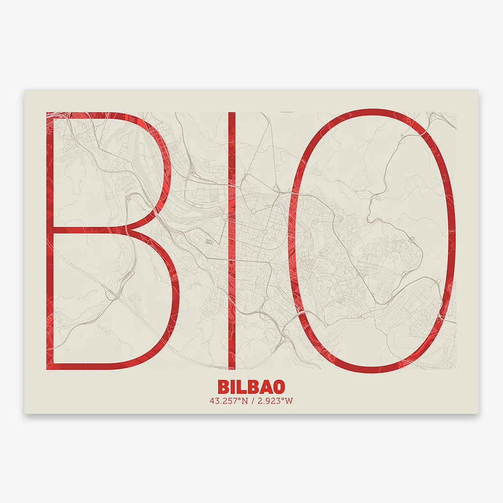 The map of Bilbao in Ultralight design, a minimalist aesthetic combining urban cartography with modern, extra-thin elegant lettering designed in red and an off-white background