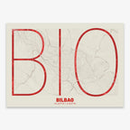 The map of Bilbao in Ultralight design, a minimalist aesthetic combining urban cartography with modern, extra-thin elegant lettering designed in red and an off-white background