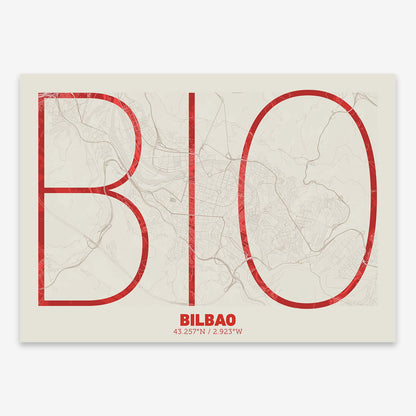 The map of Bilbao composed with letters in extra light font printed on red and an off-white background